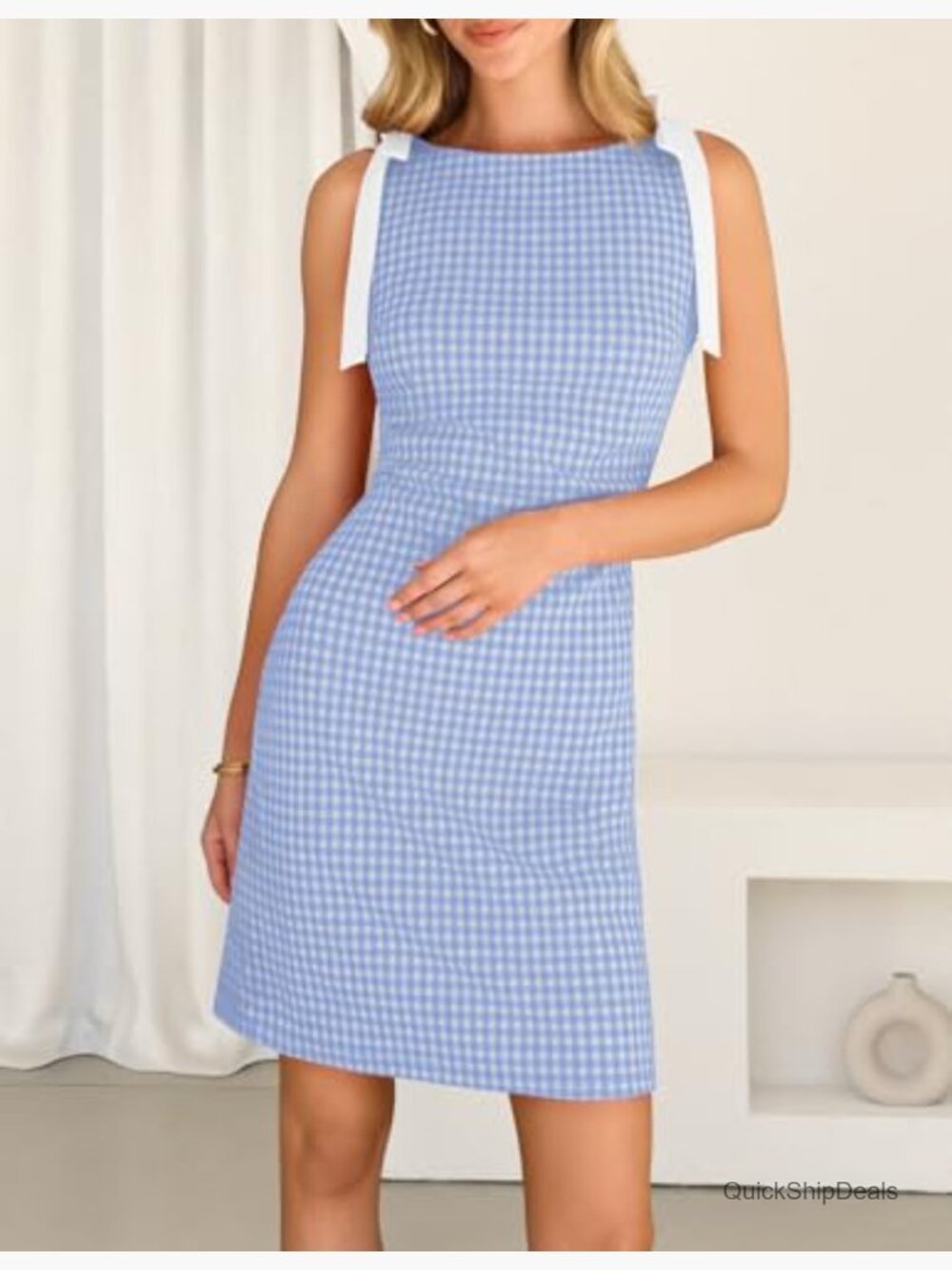 Women's Summer Gingham Mini Dress Ruched Sleeveless Boat Neck Cocktail Party - Picture 3 of 7